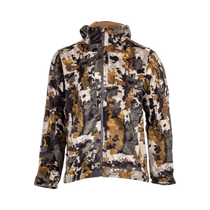 Veste à capuche et fermeture éclair HOM CONNE MANTEAU INSTIN, motif camouflage marron, gris et crème.