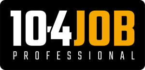 Le texte en gras indique « 10:4 JOB » avec « 10:4 » en blanc et « JOB » en jaune, au-dessus du mot « PROFESSIONAL » en lettres majuscules blanches, le tout sur fond noir.