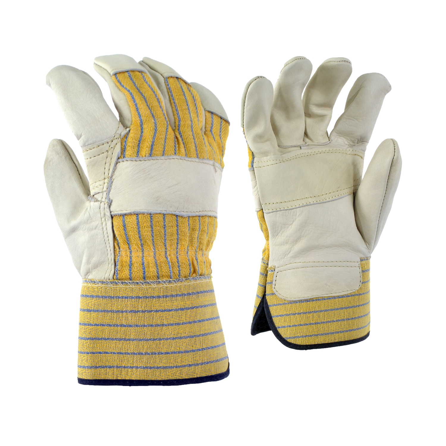 Une paire de gants de travail robustes avec des poignets en tissu rayé jaune et bleu et des paumes et des doigts renforcés en cuir beige, présentés avec une paume de gant vers le haut et l'autre paume vers le bas.