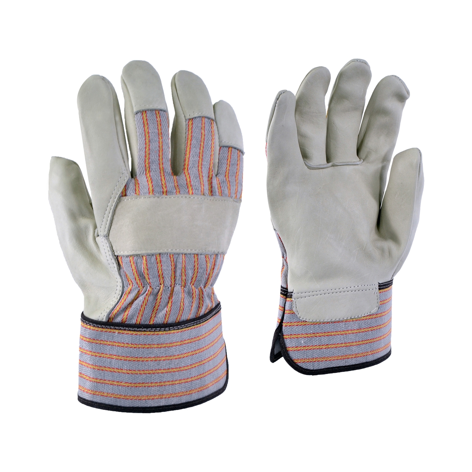 Paire de gants de travail robustes avec paumes et doigts en cuir gris, dos en tissu rayé et larges poignets renforcés à rayures orange et grises. Les gants sont présentés debout, l'avant et l'arrière visibles.