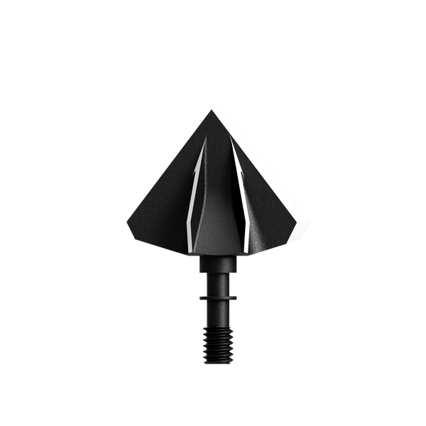 Gros plan de la pointe de flèche KATANA 200 GRAIN RIGHT BEVEL en noir et argent avec trois lames tranchantes, conçue pour la chasse, sur un fond blanc uni.