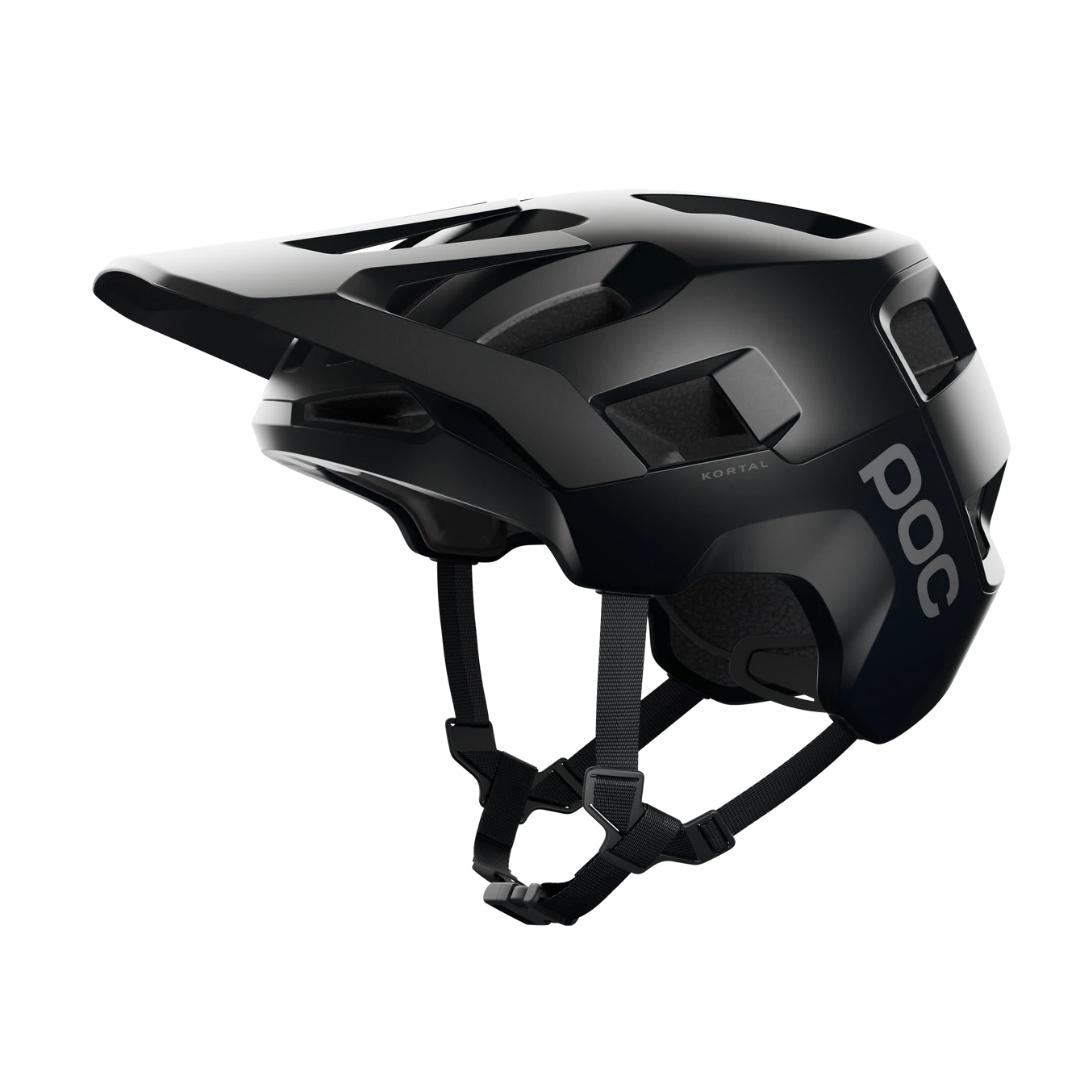 CASQUE DE VÉLO POC KORTAL COULERU URANIUM BLACK MATT PROFIL GAUCHE DU CASQUE AVEC SANGLE D'ATTACHE SOUS LE MENTON