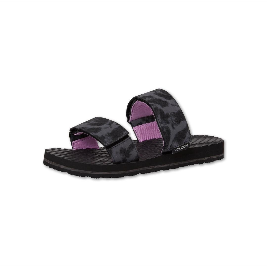 SANDALE VOLCOM ECO RECLINER SLIDE POUR FEMME COULEUR BLACK OUT VUE DE PROFIL GAUCE DE LA SANDALE GAUCHE DE LA SANDALE AJUSTABLE