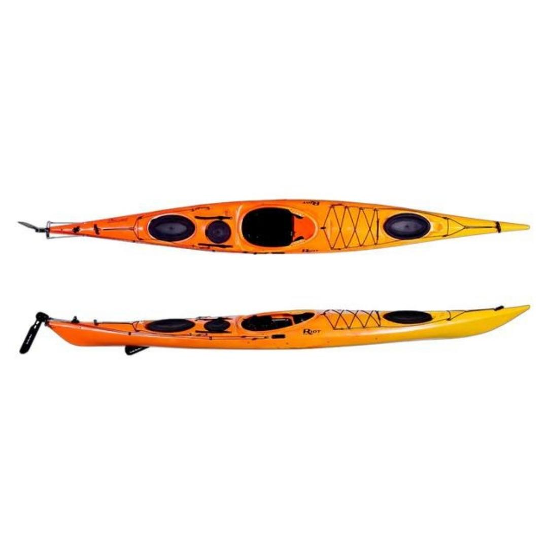 kayak de mer riot brittany 16.5 couleur sunset vu du dessus et du coté du kayak 1 place