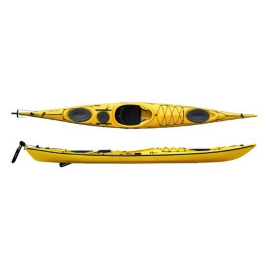 kayak de mer riot brittany 16.5 couleur jaune vu du dessus et du coté du kayak 1 place