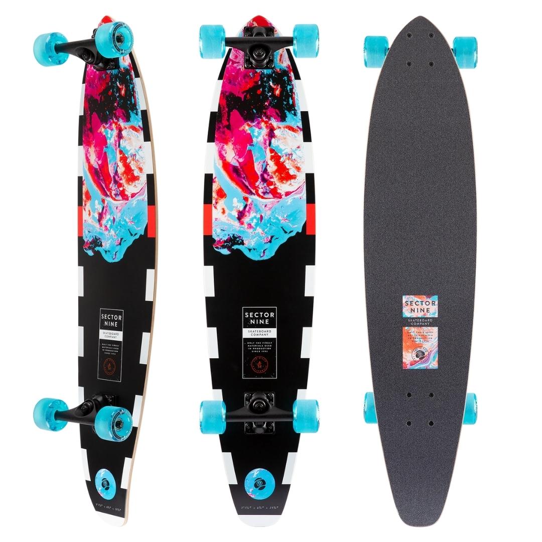 longboard sector 9 COSMOS CUTBACK vue du dessus , dessous et de biais de la planche