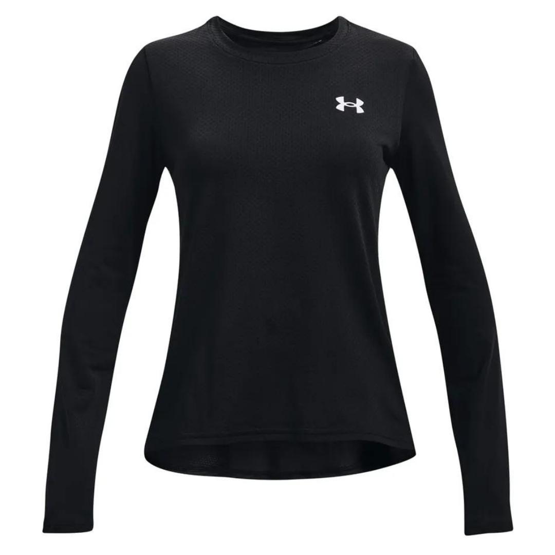 chandail à manches longues under armour heatgear armour pour fille couleur noir/blanc/blanc vue de face du chandail seul