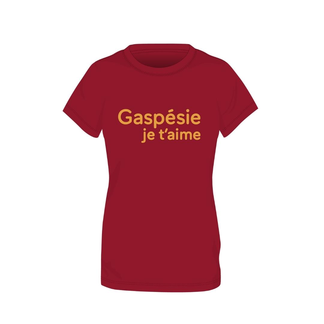 t-shirt gaspésie je t'aime logo signature pour femme couleur cardinal vue du chandail à plat de face