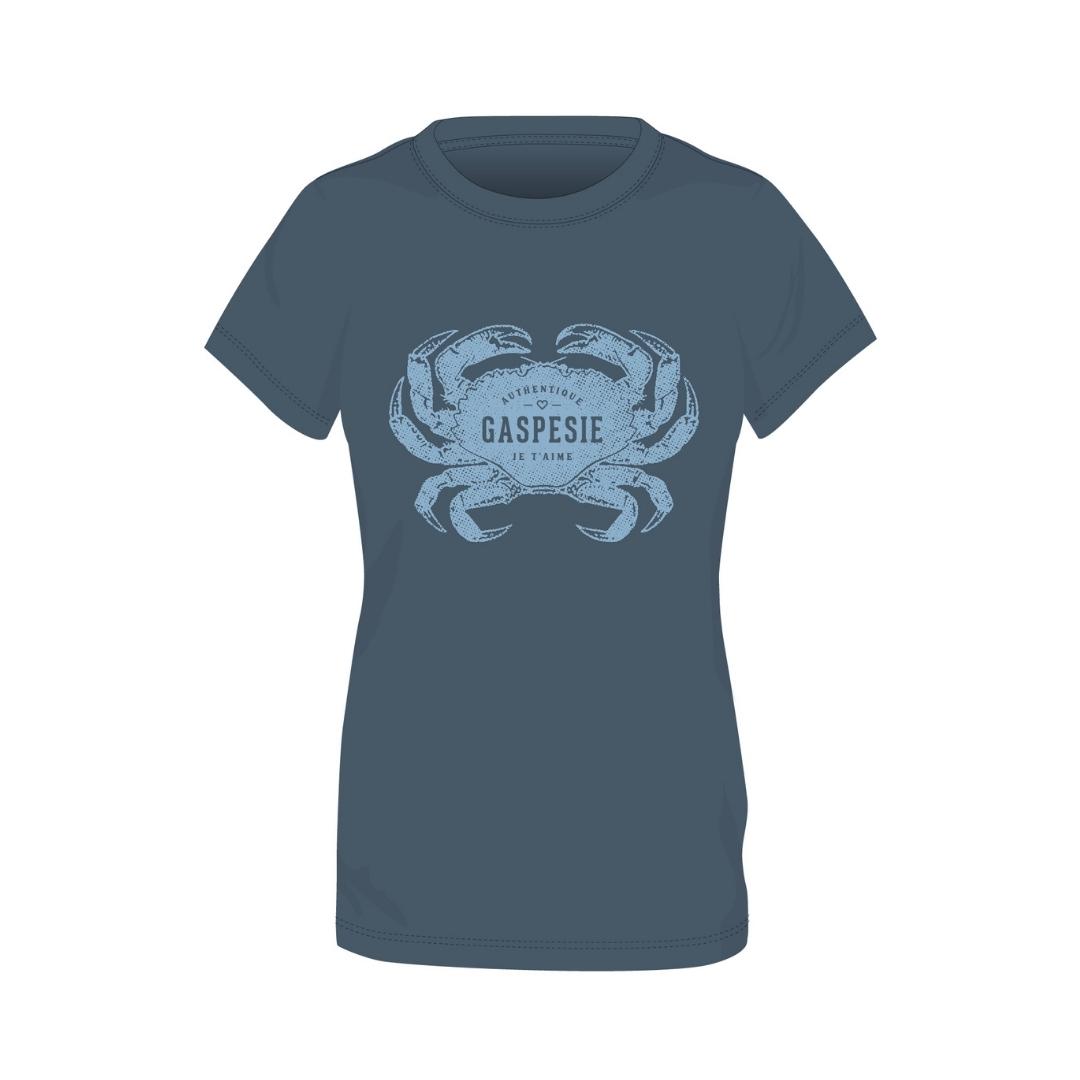 t-shirt gaspésie je t'aime logo cRABe pour femme couleur indigo vue du chandail à plat de face