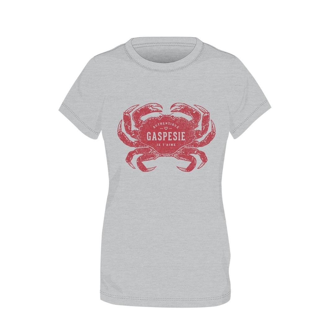 t-shirt gaspésie je t'aime logo cRABe pour femme couleur HEATHER GREY vue du chandail à plat de face