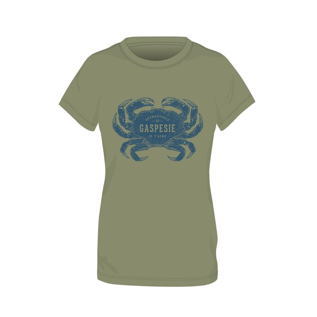 t-shirt gaspésie je t'aime logo cRABe pour femme couleur VERT MILITAIRE vue du chandail à plat de face