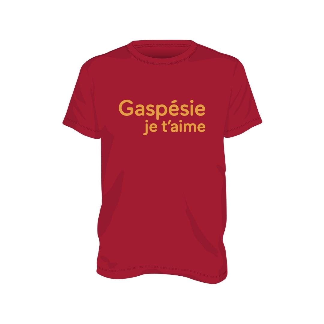 t-shirt gaspésie je t'aime logo signature pour homme couleur antique cherry red chandail à plat vu de face