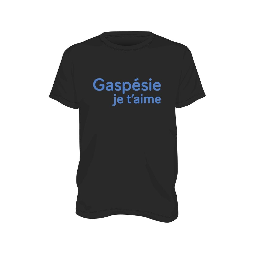 t-shirt gaspésie je t'aime logo signature pour homme couleur black chandail à plat vu de face