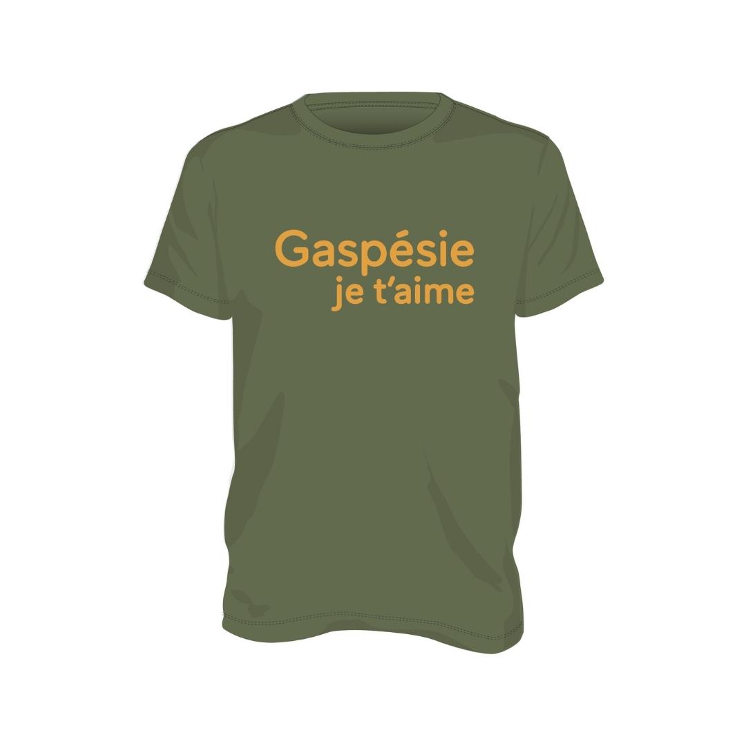 t-shirt gaspésie je t'aime logo signature pour homme couleur vert militaire chandail à plat vu de face