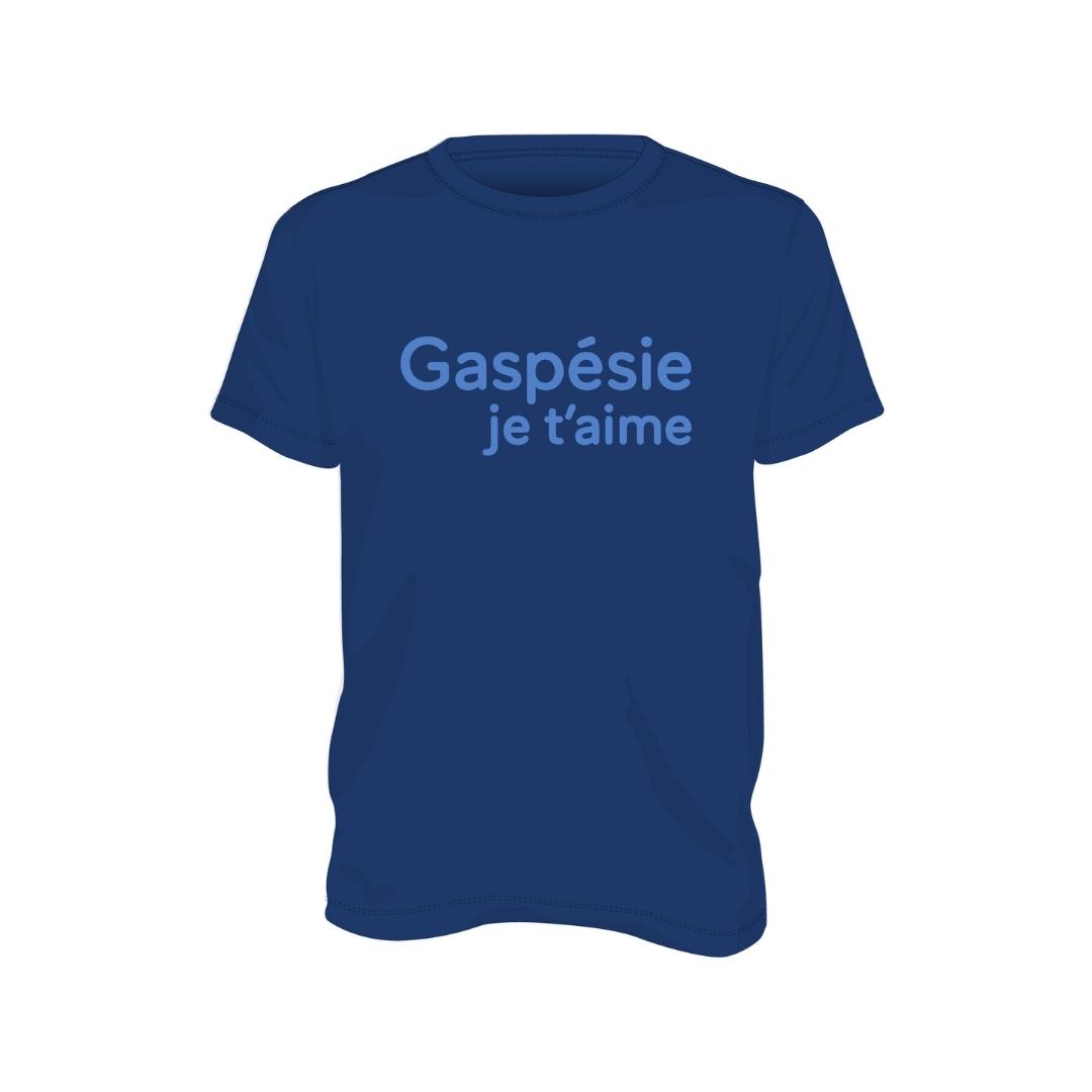 t-shirt gaspésie je t'aime logo signature pour homme couleur metro blue chandail à plat vu de face