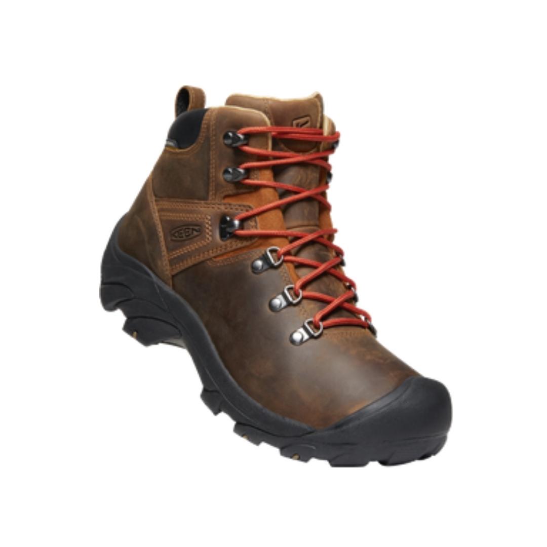 botte de randonnée keen pyrenees pour homme couleur syrup profil droit et légèrement le dessus de la botte droite avec lacets oranges
