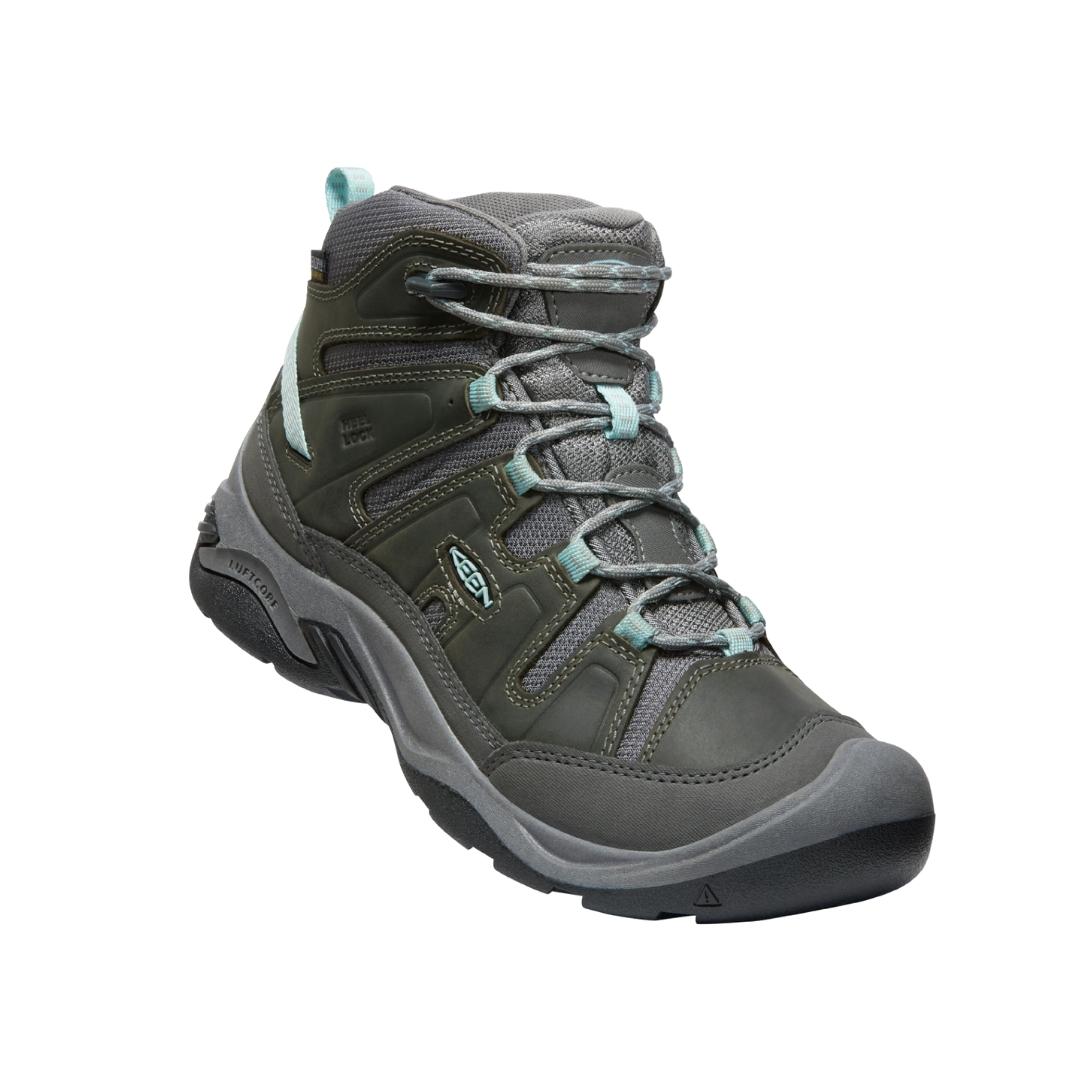 BOTTE DE RANDONNÉE KEEN CIRCADIA MID IMPERMÉABLE POUR FEMME couleur steel grey/cloud vue globale de la botte droite vue de la droite avant dessus et coté