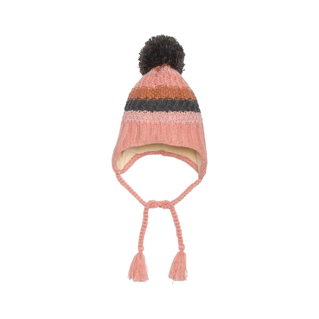 TUQUE À OREILLES DEUX PAR DEUX EN TRICOT POUR ENFANT COULEUR MULTI ROSE ET GRISE TUQUE VUE SEULE AVEC CORDON D'ATTACHES NOUÉS