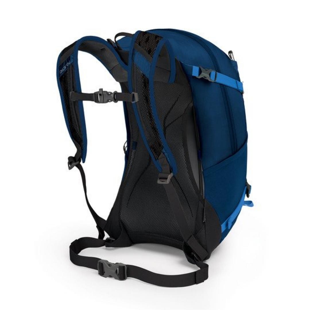 sac à dos osprey hikelite 26 couleur BLUE BACA vue du dos du sac avec bretelle ajustables et ceinture d'Attache