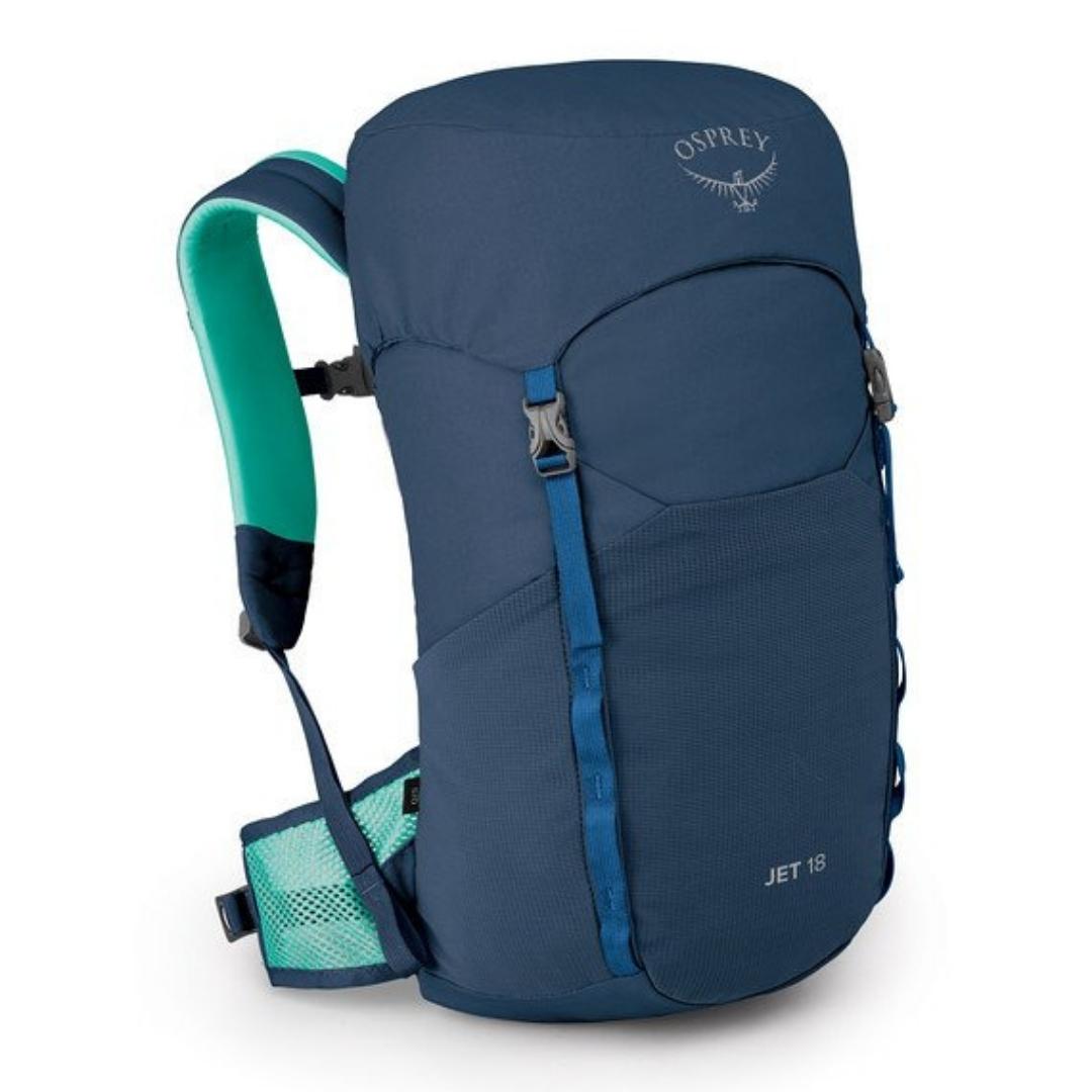 sac à dos osprey jet 18 pour enfant couleur wave blue vue de face/profil d sac bleu avec le logo osprey central au haut et lettrage jet 18 au bas