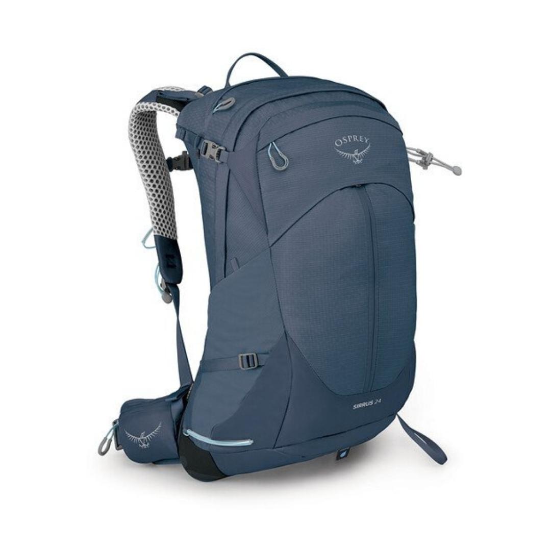 SAC À DOS OSPREY SIRRUS 24 POUR FEMME COULEUR MUTED SPACE BLUE VUE DE FACE/PROFIL DU SAC BLEU