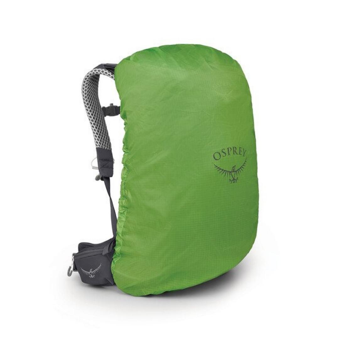SAC À DOS OSPREY SIRRUS 24 POUR FEMME COULEUR TUNNEL VISION GREY VUE DE FACE/PROFIL DU SAC BLEU AVEC PROTÈGE SAC COMPRIS