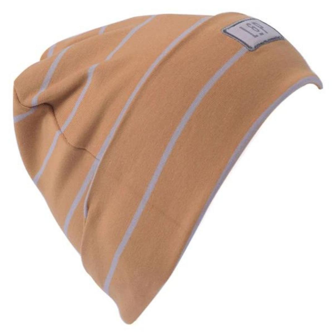 TUQUE L & p APPAREL BOSTON EN COTON POUR BÉBÉ/ENFANT COULEUR CARAMEL CHAUD LIGNÉE GRISE VUE DE L'AVANT TUQUE REPLIÉE
