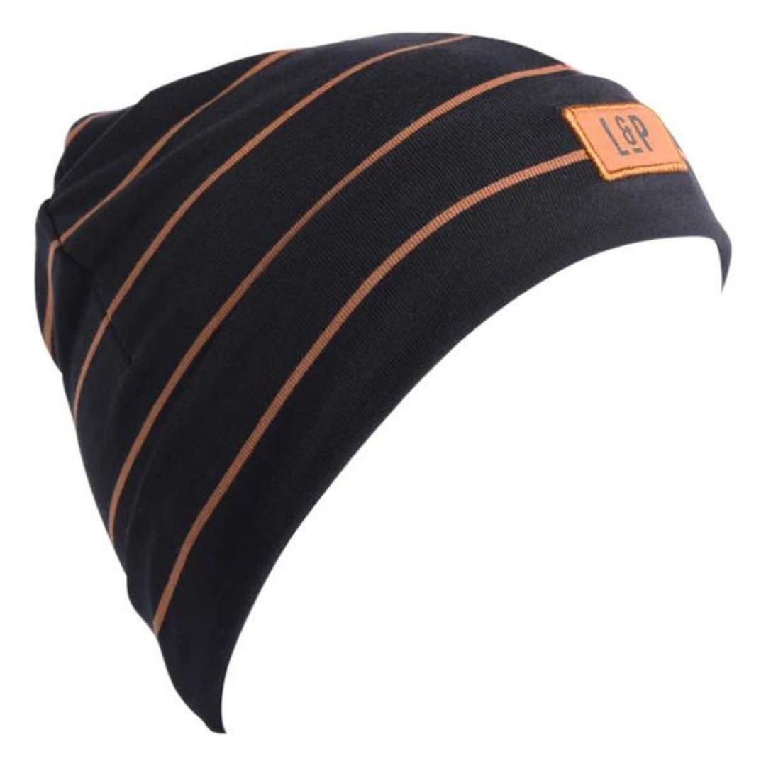 TUQUE L & p APPAREL BOSTON EN COTON POUR BÉBÉ/ENFANT COULEUR NOIR/CARAMEL/NOIR VUE DE L'AVANT TUQUE REPLIÉE