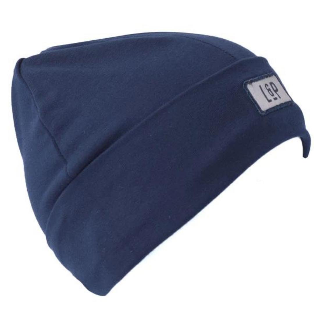 TUQUE L & p APPAREL BOSTON EN COTON POUR BÉBÉ/ENFANT COULEUR GRIS MARINE VUE DE L'AVANT TUQUE REPLIÉE