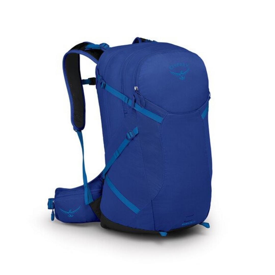 SAC À DOS OSPREY SPORTLITE 25 COULEUR BLUE SKY VUE DE PROFIL DROIT AVANT DU SAC À CHARGEMENT PAR PANNEAU