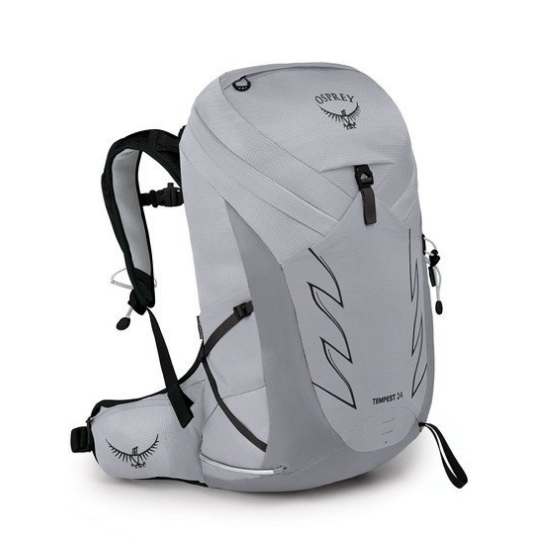 SAC À DOS OSPREY TEMPEST 24 POUR FEMME COULEUR ALUMINIUM GREY VUE DE FACE DU SAC À DOS `ABRETELLES AJUSTABLES