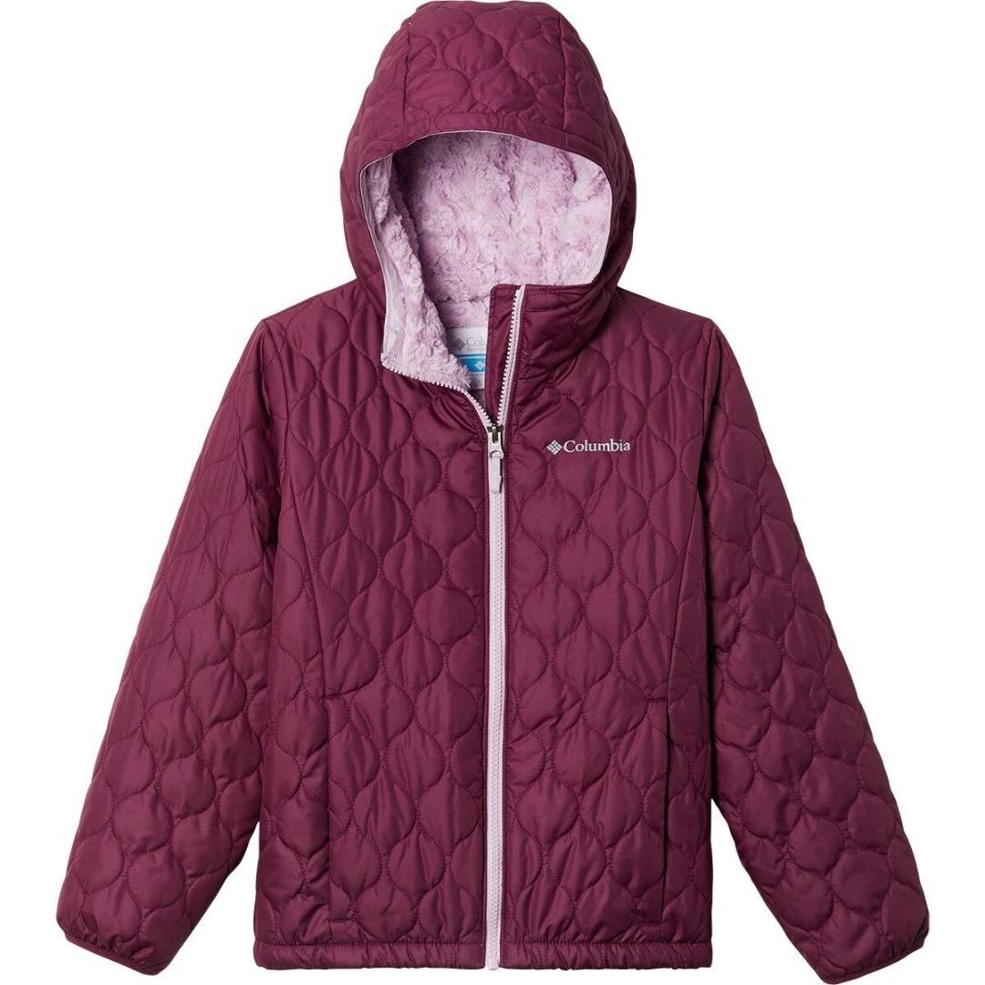 manteau Columbia Bella Plush pour fille couleur marioberry vu du manteau à plat de face avec capuchon relevé