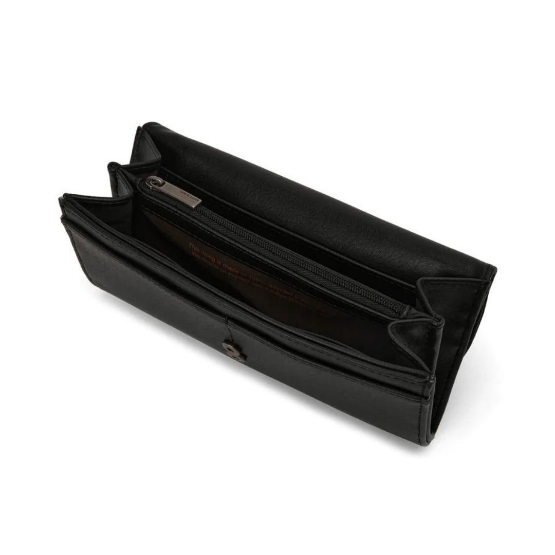 PORTEFEUILLE MATT & NAT VERA ARBOR couleur black vue du portefeuille du dessus ouvert fentes pour cartes visible, les deux sections et copartiment central à fermeture à glissière visible également
