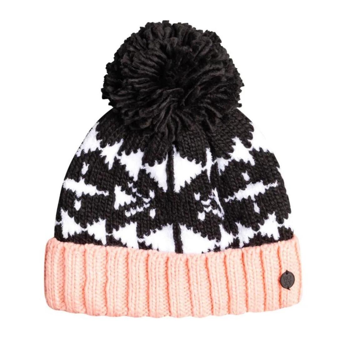 TUQUE À POMPON ROXY AMARA POUR FILLE VUE À PLAT DE FACE AVEC LE REBORD ROSE