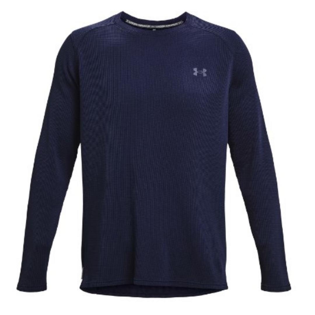 chandail à manches longues Under Armour Waffle Max Crew pour homme couleur 410-MIDNIGHT NAVY/TEMPERED STEEL chandail seul vu de face avec logo poitrine gauche