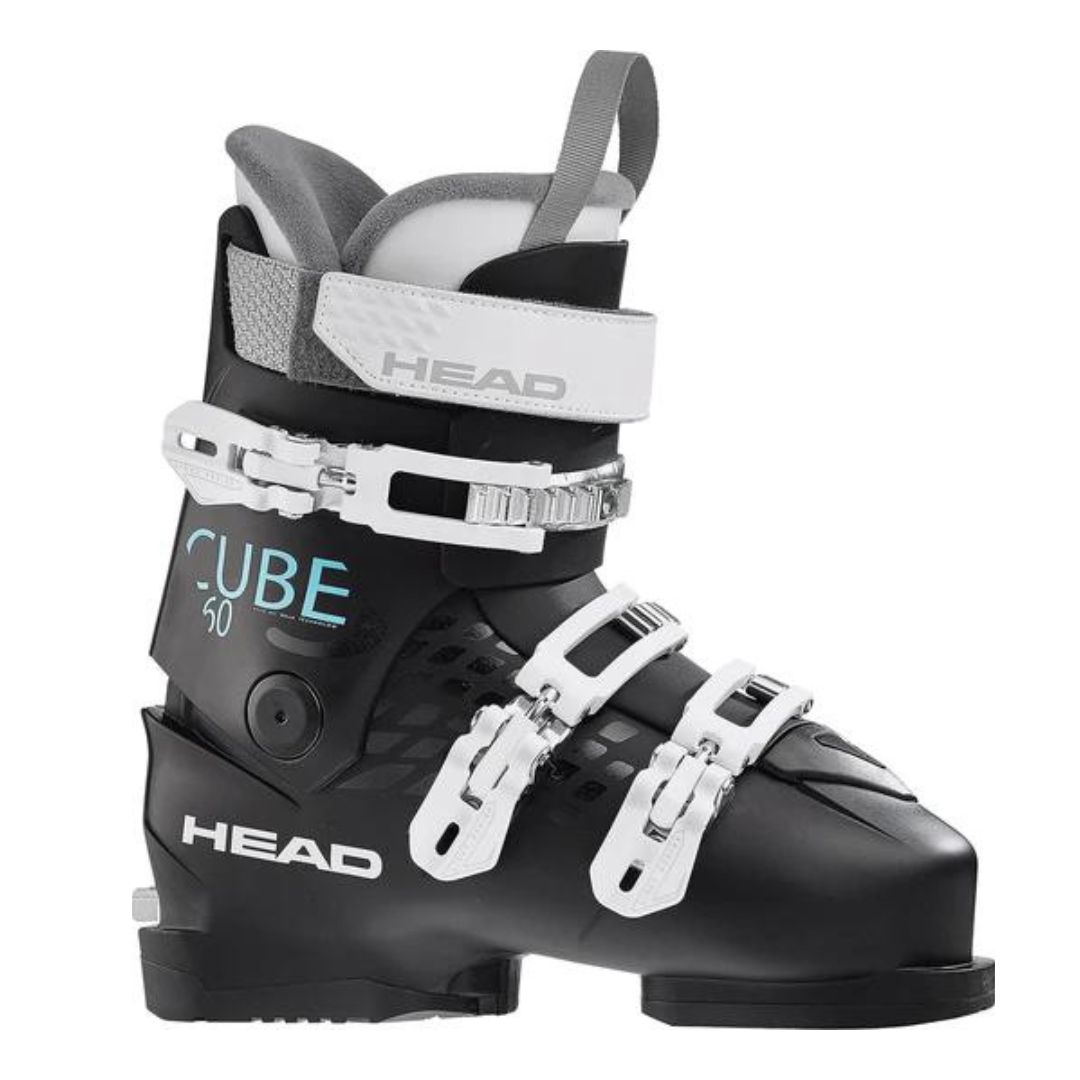 BOTTE DE SKI APLIN HEAD CUBE 3 60 W POUR FEMME COULEUR BLACK VUE DE PROFIL DROIT DE LA BOTTE DROITES AVEC 3 ATTACHES À CLIQUET