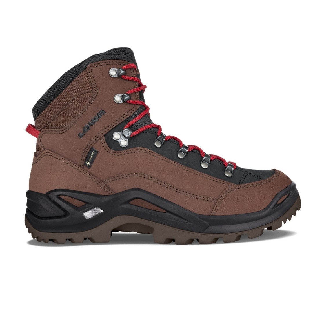 BOTTE DE RANDONNÉE LOWA RENEGADE GTX MID POUR HOMME COULEUR MOHAGANY/RED VUE DU PROFIL DROIT DE LA BOTTE DROITE