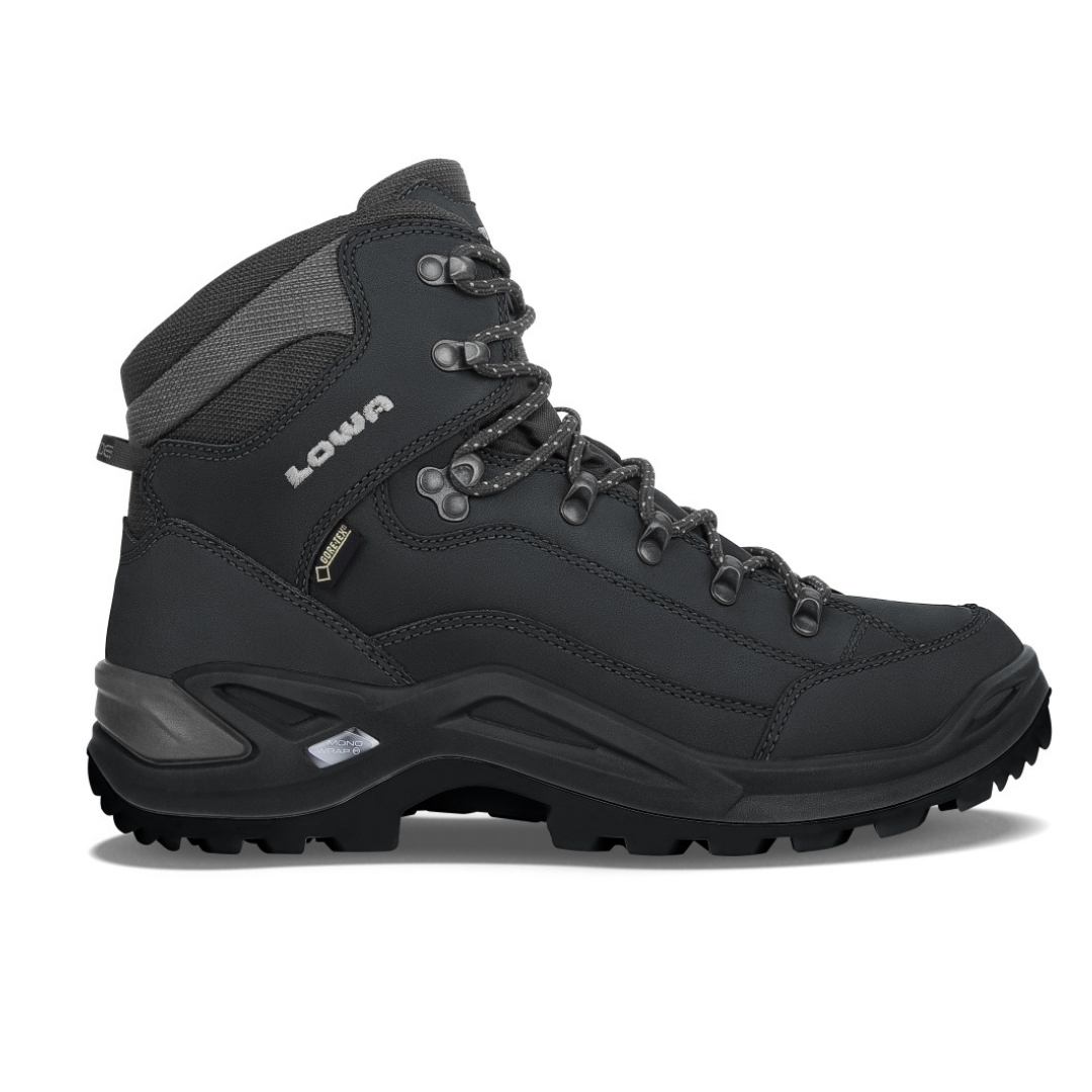 BOTTE DE RANDONNÉE LOWA RENEGADE GTX MID POUR HOMME COULEUR DEEPBLACK VUE DU PROFIL DROIT DE LA BOTTE DROITE