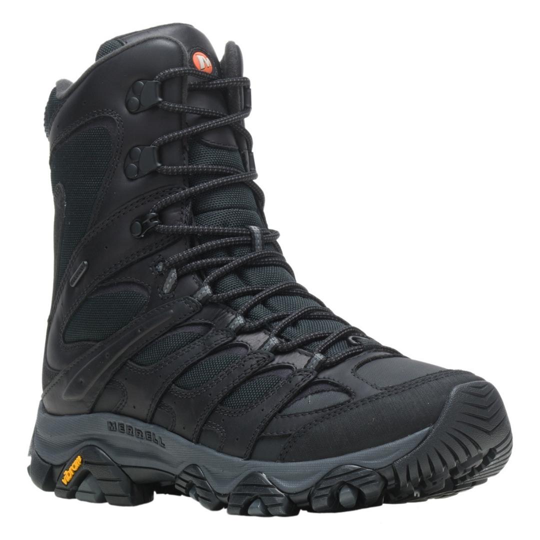 BOTTE D'HIVER MERRELL MOAB 3 THERMO XTREME WATERPROOF POUR HOMME COULEUR BLACK VUE DE PROFIL AVANT DE LA BOTTE DROITE AVEC ANNEAU EN D POUR GUÊTRE