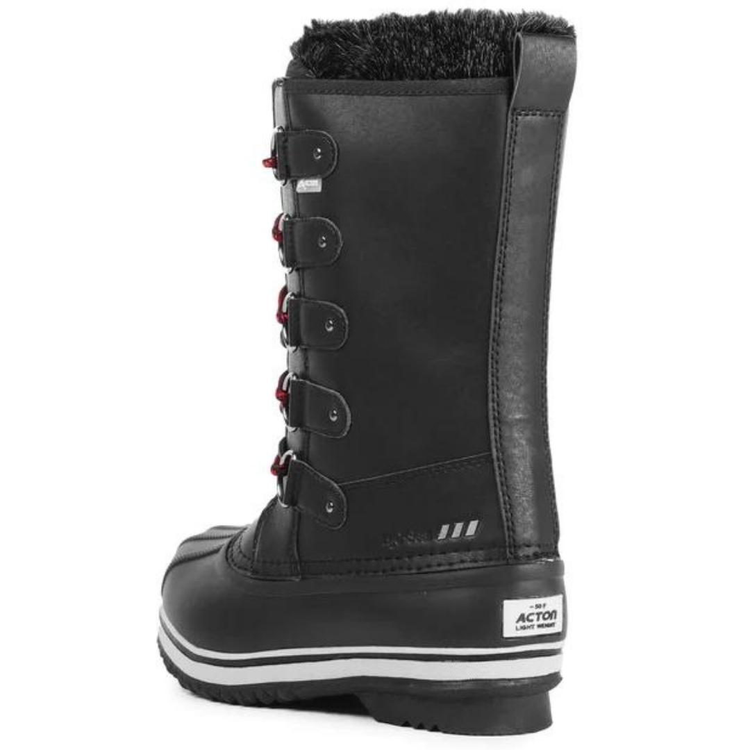 BOTTE D'HIVER ACTON CAROLYN POUR FEMME couleur w10-black vue arrière de la botte haute avec semelle en caoutchoux et le nom acton au talon