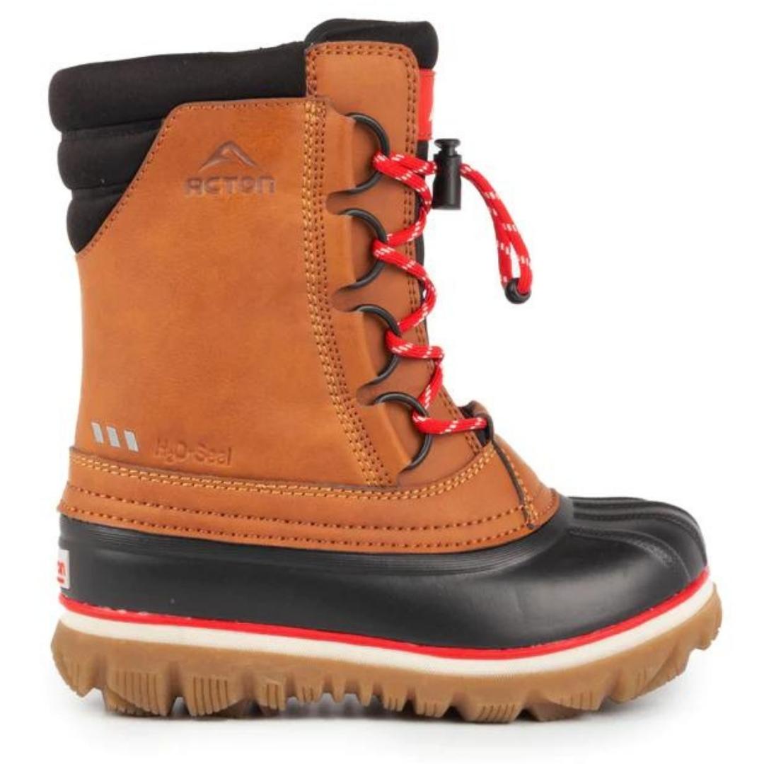 BOTTE D'HIVER ACTON ROCK POUR ENFANT (JUNIOR 10-8) couleur J12-TAN vue du profil droit de la botte droite avec lacet élastique a bascule