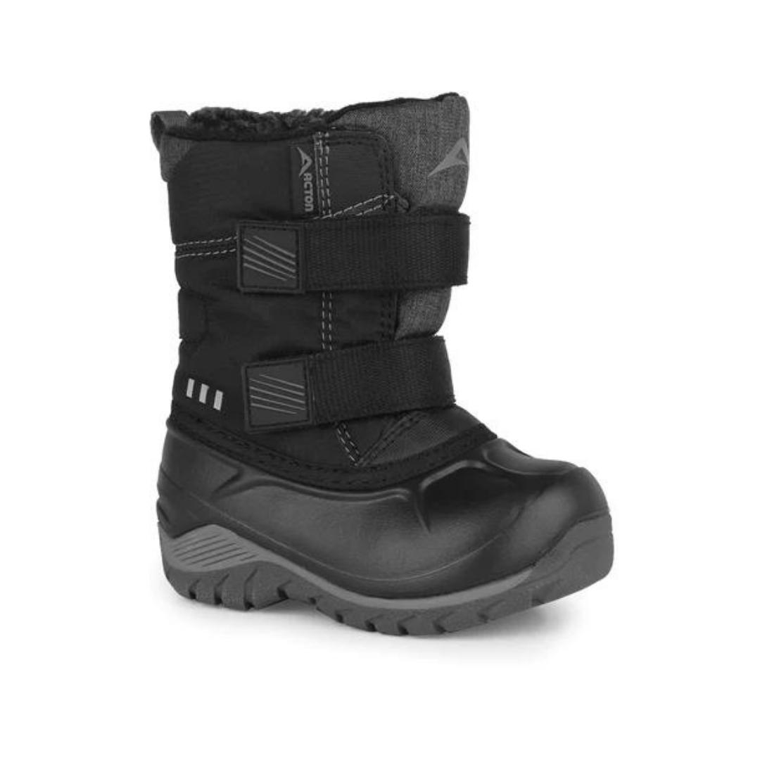 BOTTE D'HIVER ACTON KIDDY POUR BÉBÉ couleur C11-NOIR vue de profil droit de la botte droite avec bande à velcro