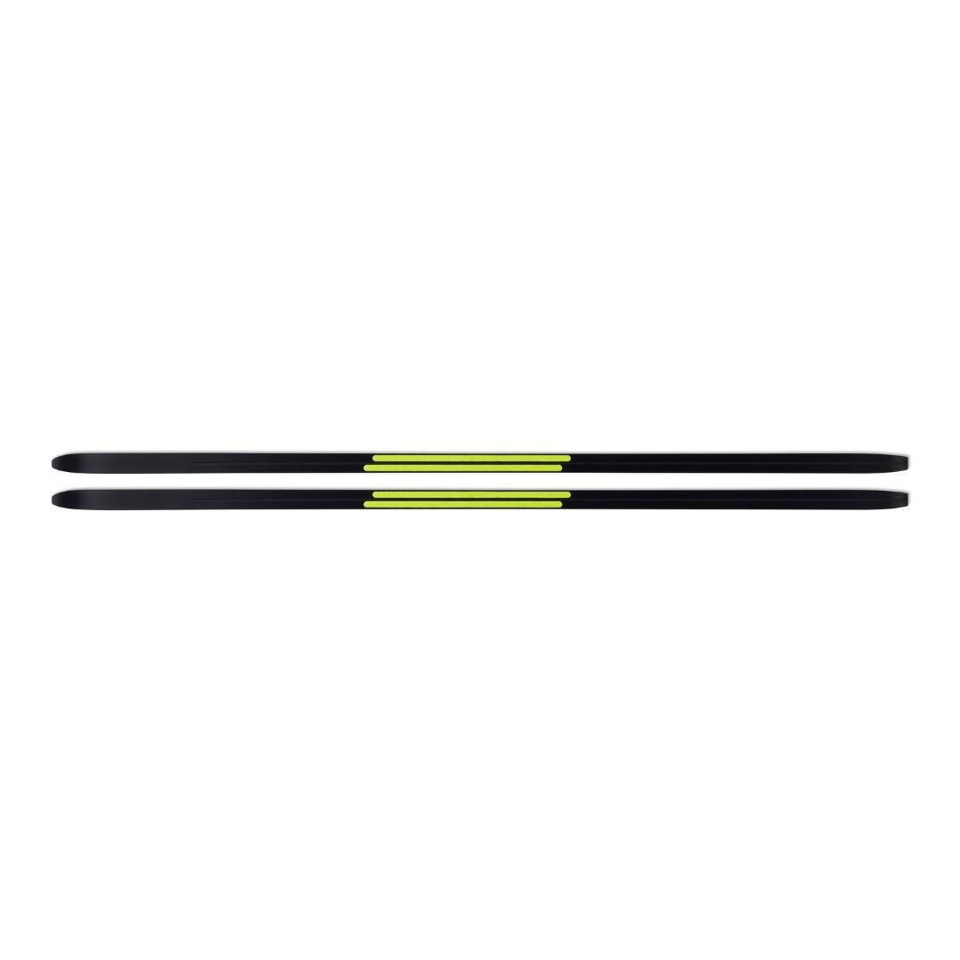 SKI DE FOND FISCHER TWIN SKIN POWER EF IFP vu des deux skis du dessous ski noirs peaux en mohair jaune
