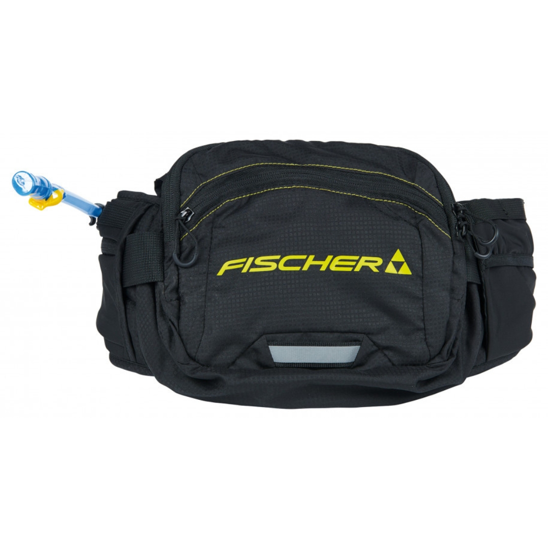 SAC D'HYDRATATION FISCHER HYDRATATION WAISTBAG PRO SAC VU DE FACE DU SAC NOIR AVEC LE NOM DE LA MAQUE ET LOGO EN JAUNE