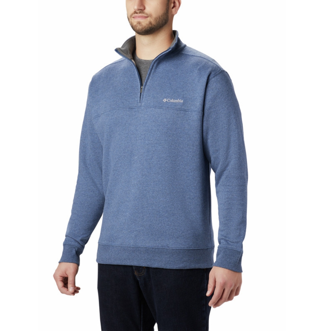 CHANDAIL À MANCHES LONGUES COLUMBIA HART MOUNTAIN II DEMI-FERMETURE ÉCLAIR POUR HOMME COULEUR COULEUR CARBON HEATHER PORTÉ PAR UN HOMME VUE DE FACE/PROFIL AVEC LE CHANDAIL BLEU À COL MONTANT FERMETURE À GLISSIÈRE À DEMI OUVERTE