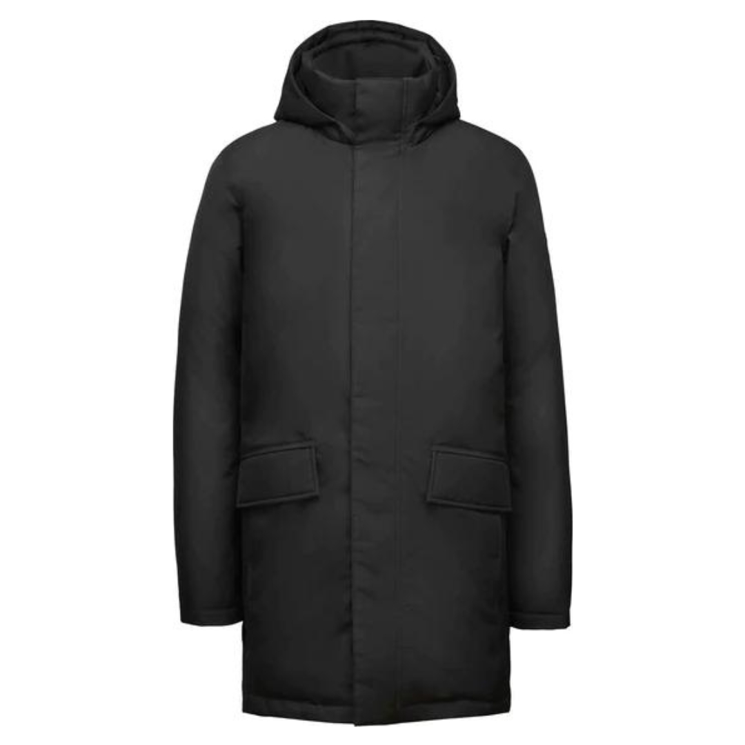 PARKA EN DUVET QUARTZ CO CHAMPLAIN FOWARD POUR HOMME COULEUR NOIR MANTEAU SEUL VU DE FACE ENTIÈREMENT NOIR COL HAUT