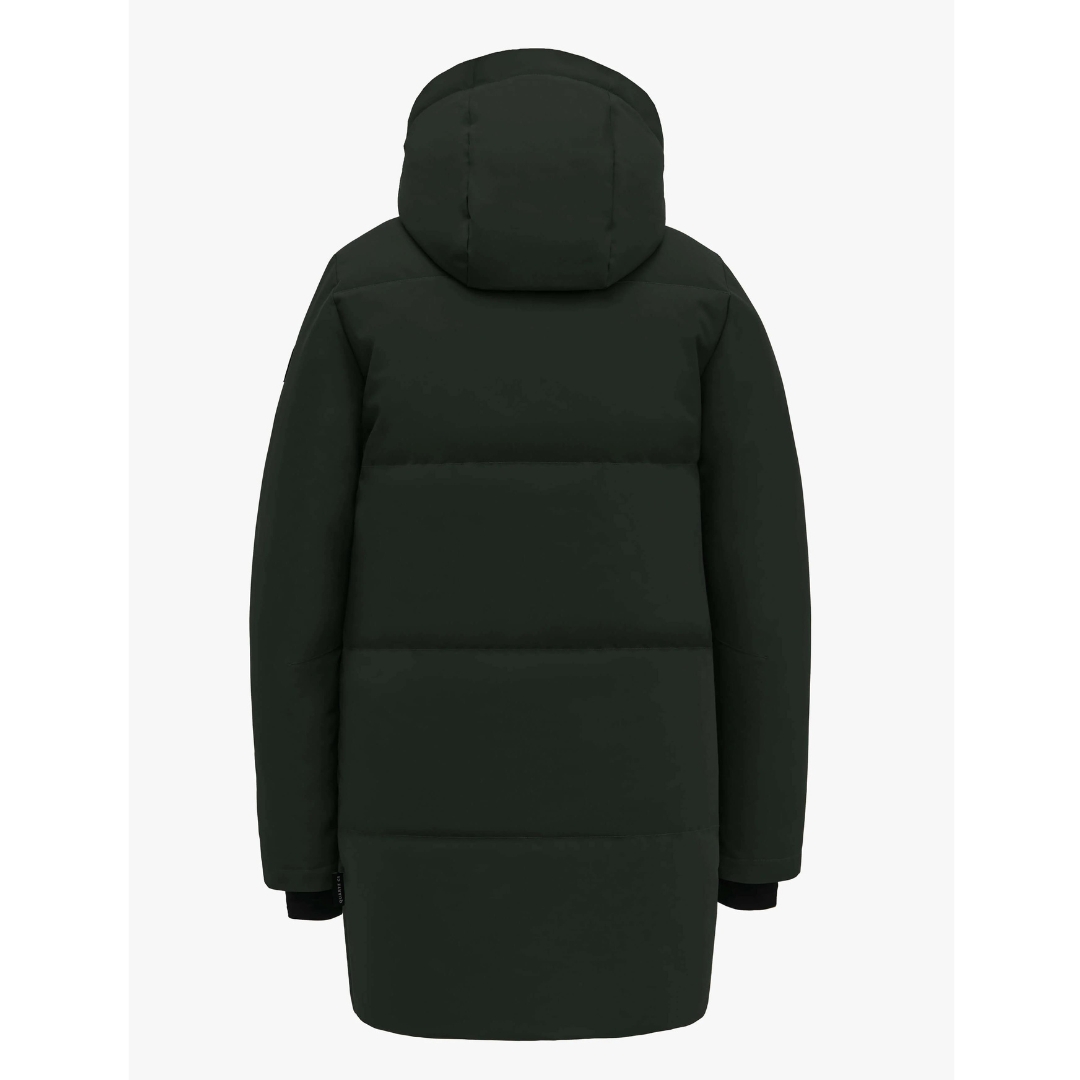 PARKA EN DUVET QUARTZ CO CHLOE POUR FEMME COULEUR VERT BOUTEILLE VU DE DOS AVEVC CAPUCHON VISIBLE