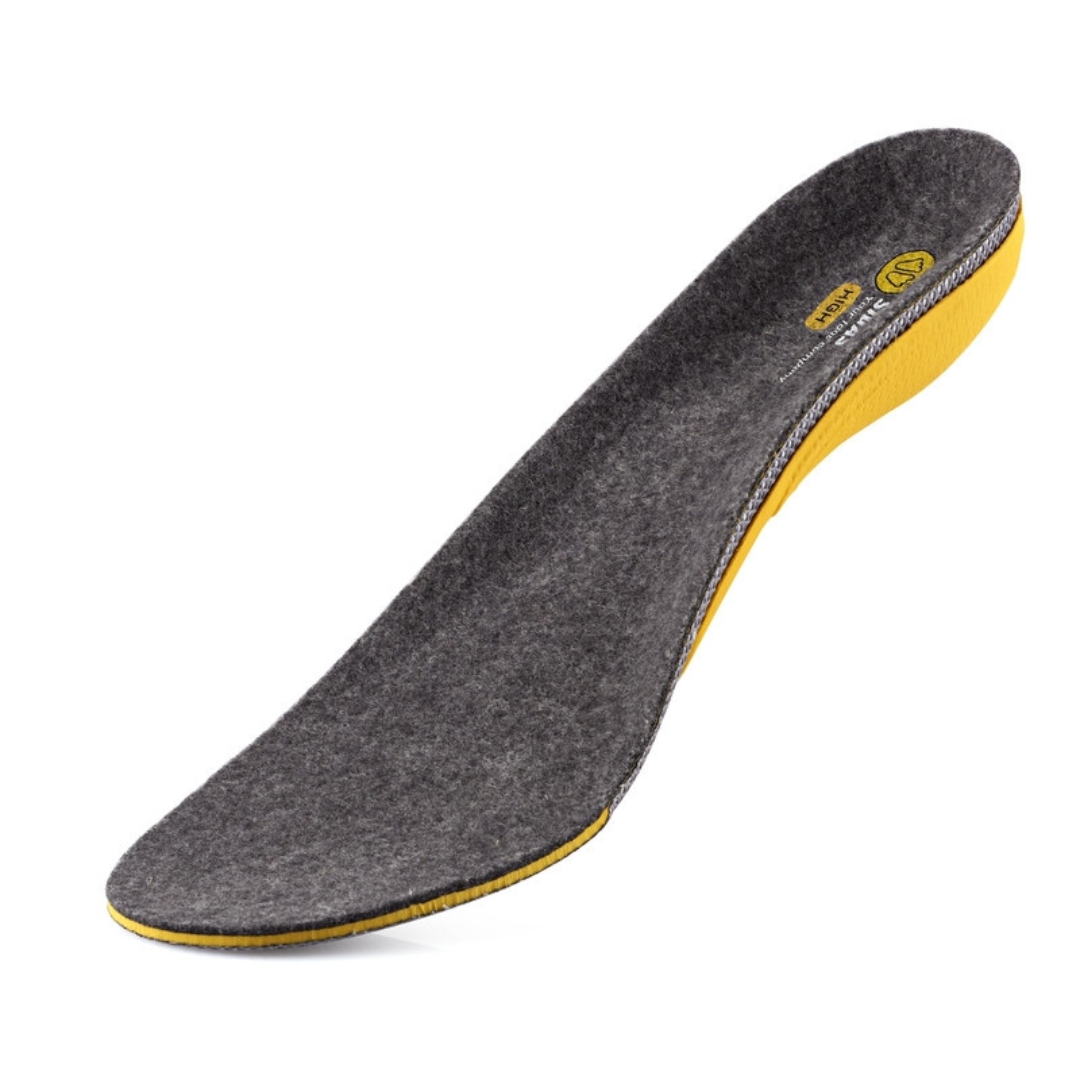 SEMELLE EN LAINE DE MERINOS SIDAS 3FEET high de couleur grise et jaune une semelle vue du dessus avec recouvrement gris charcoal et talon jaune