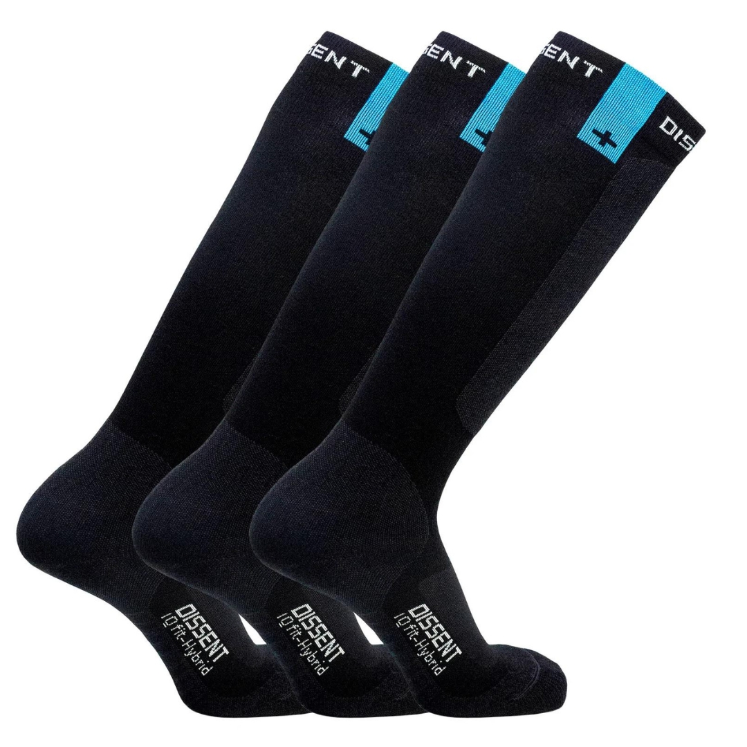BAS DE COMPRESSION DISSENT IQ FIT HYBRID couleur noir, grsi charcoal, blanc et bleu vue de 3 bas cote à cote