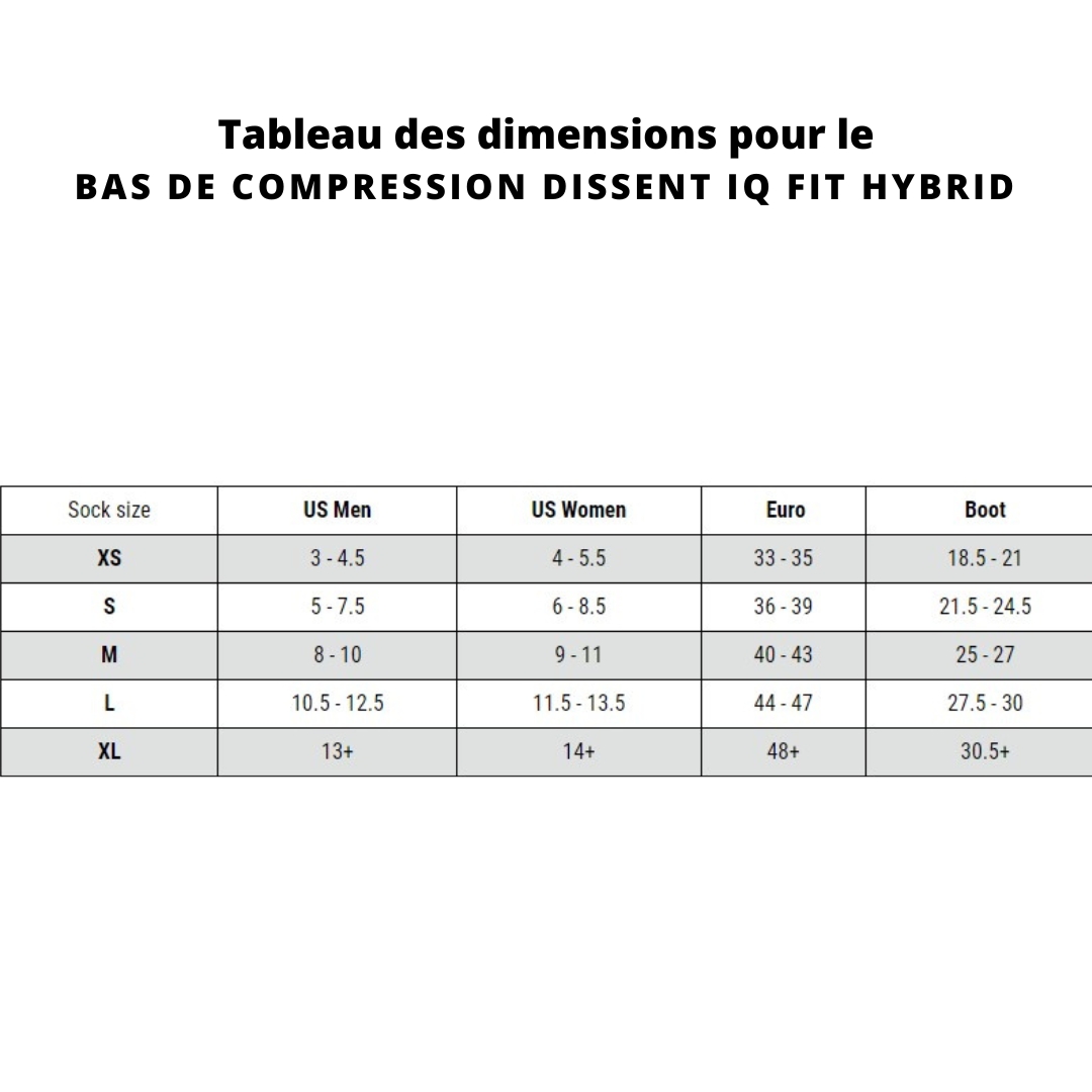 Tableau des dimensions pour le BAS DE COMPRESSION DISSENT IQ FIT HYBRID